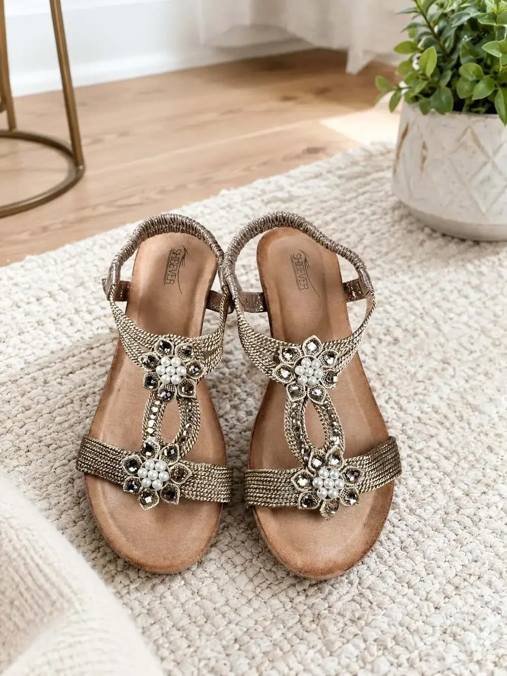 SHIBEVER Champagne Rhinestone Low Wedge Sandals Elastic Strap Women’s EU 40